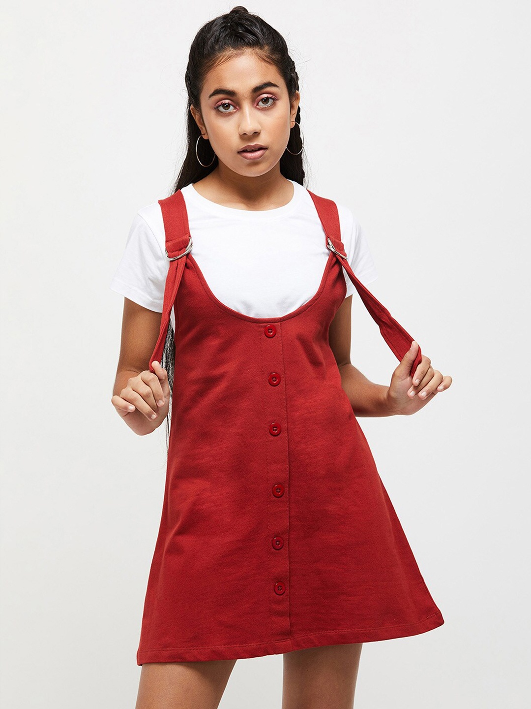 

max Teen Girls Maroon Solid Pinafore Dress