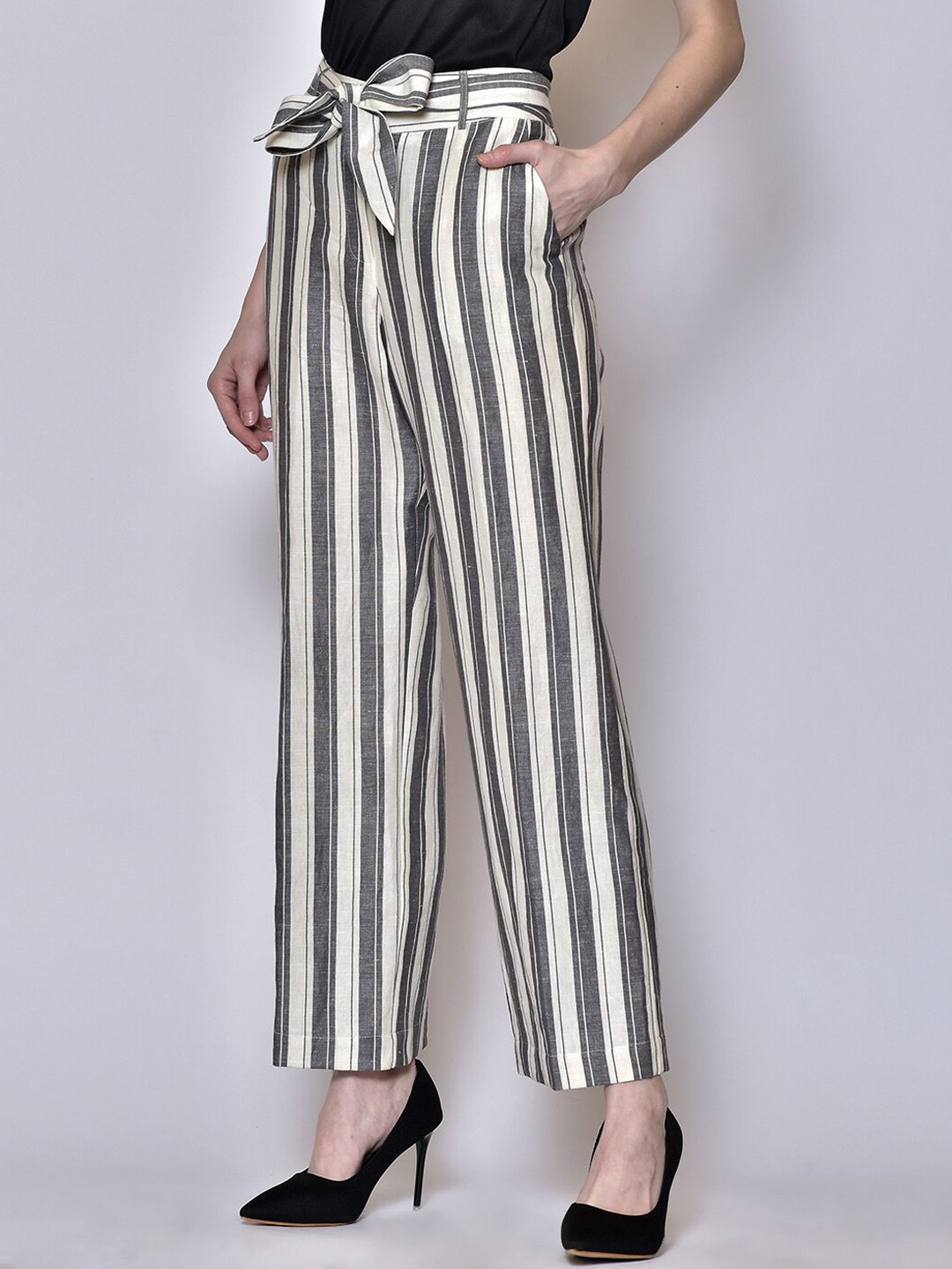 

250 DESIGNS Women Grey Striped Easy Wash Trousers