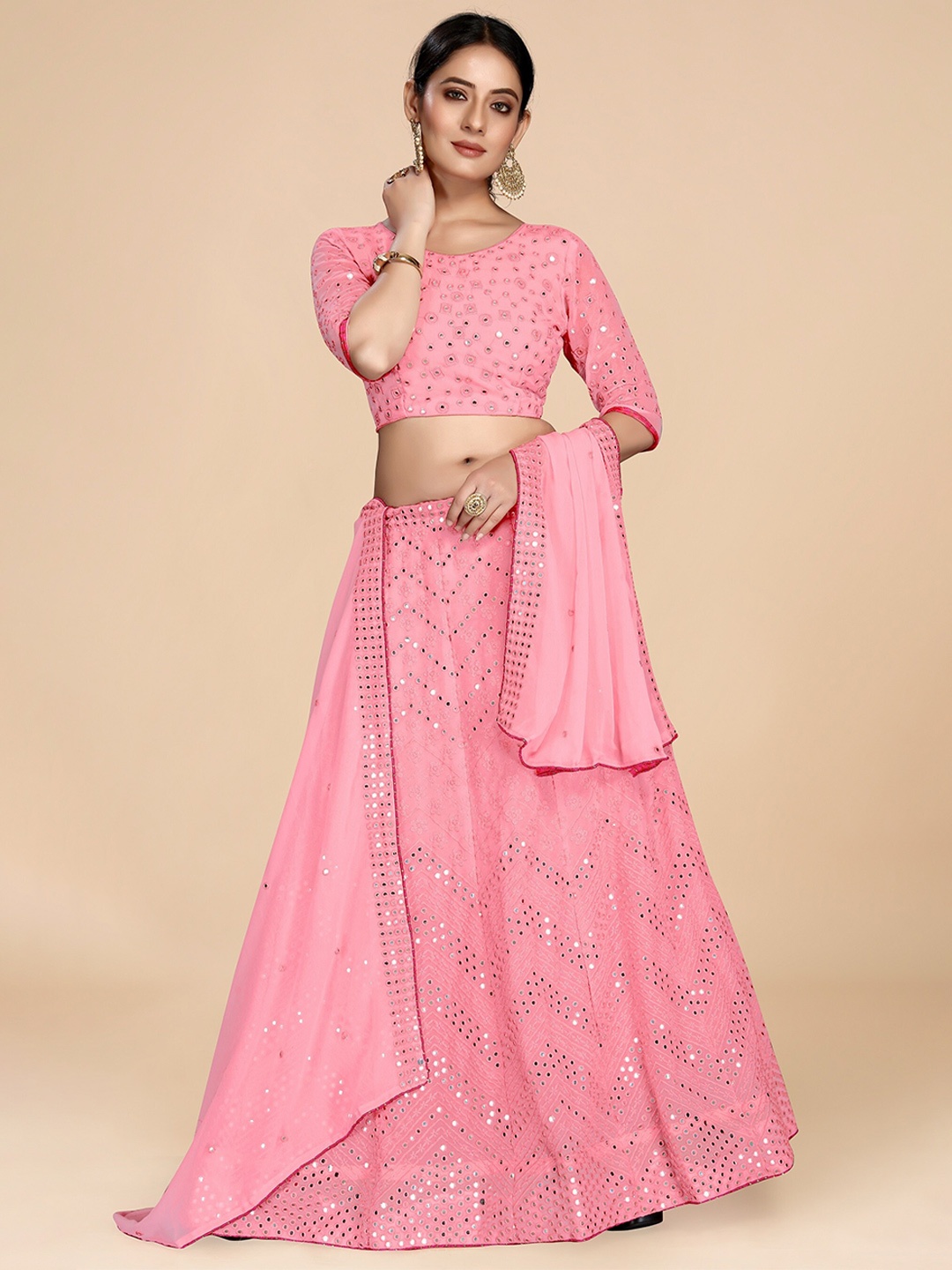 

Nityanta Fab Pink & Silver-Toned Embellished Mirror Work Semi-Stitched Lehenga & Blouse With Dupatta