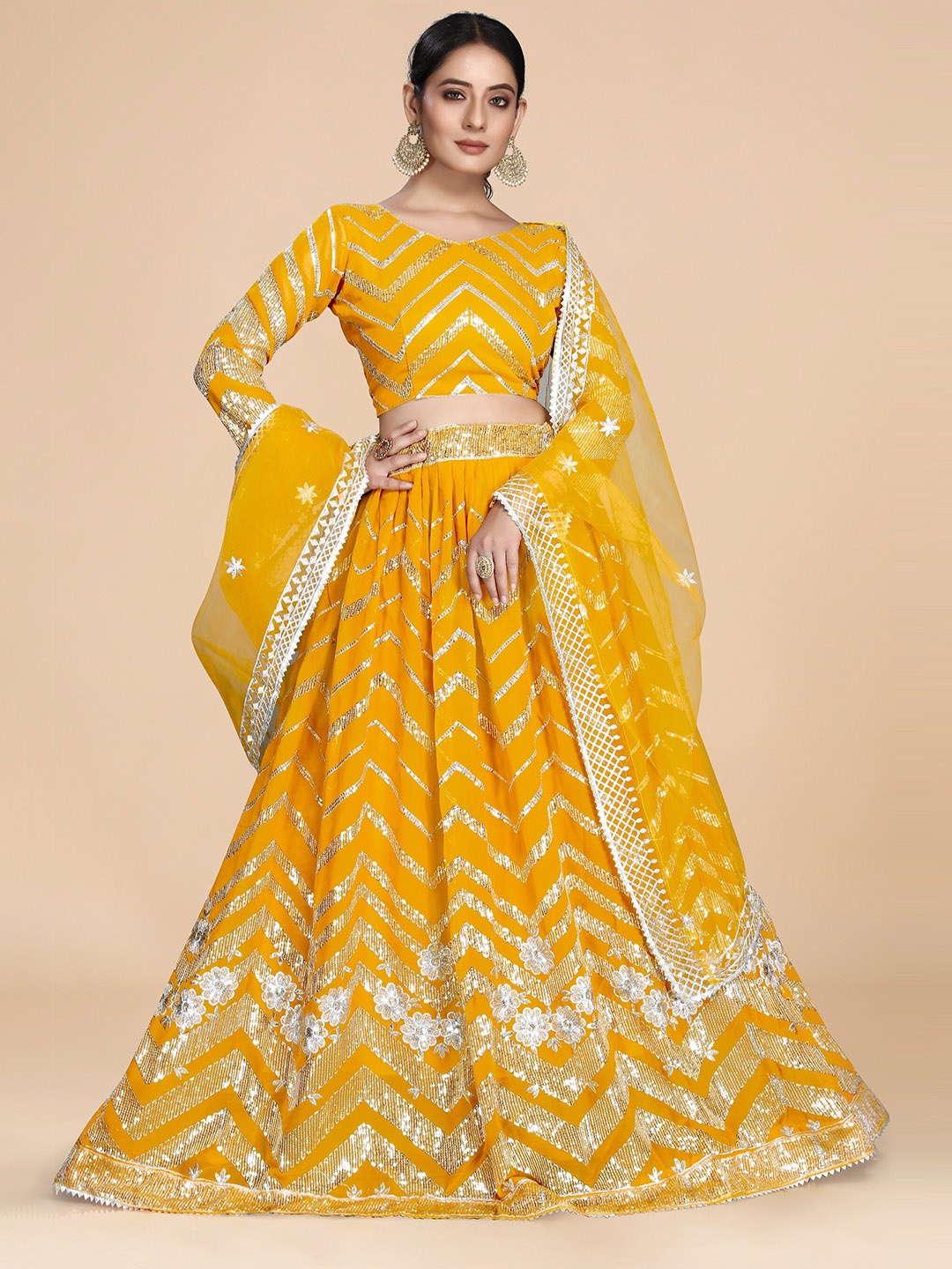 

Nityanta Fab Yellow & Gold-Toned Embellished Sequinned Semi-Stitched Lehenga & Blouse With Dupatta