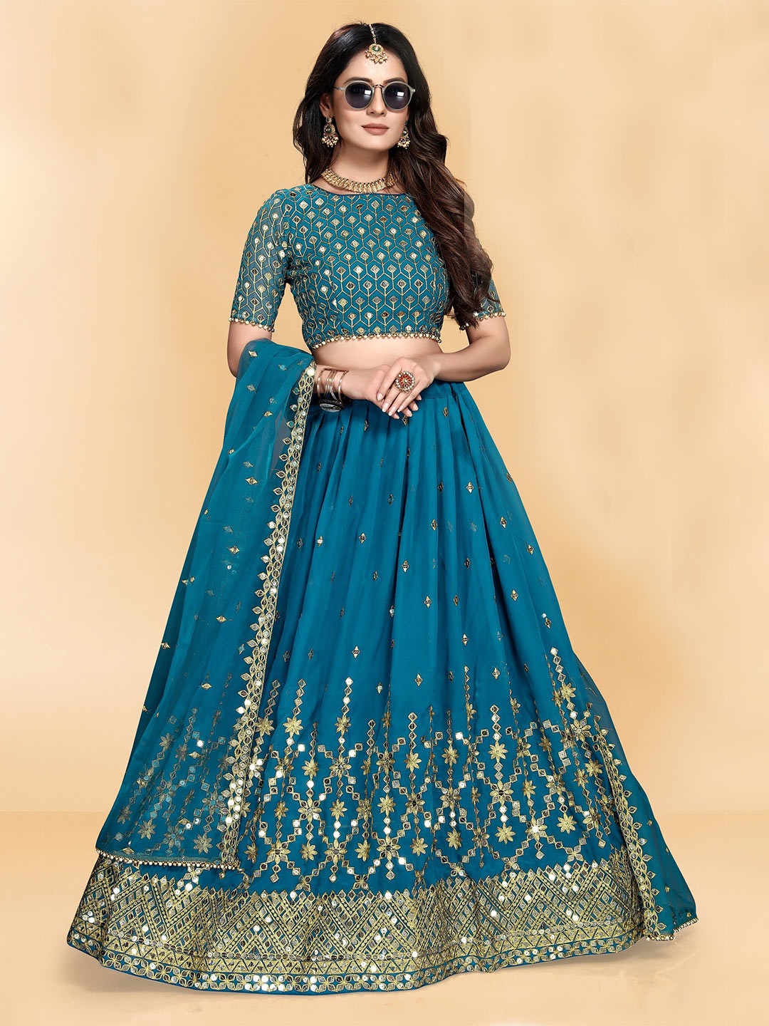 

Nityanta Fab Blue & Gold-Toned Embellished Semi-Stitched Lehenga & Blouse With Dupatta