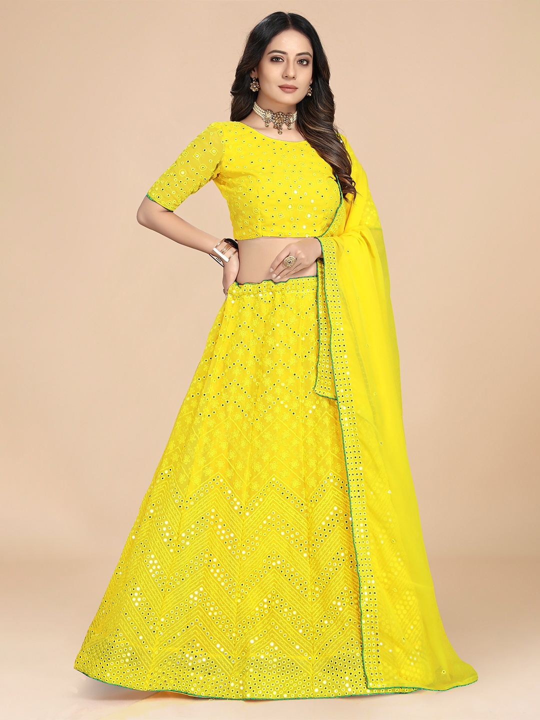 

Nityanta Fab Yellow & Green Embroidered Semi-Stitched Lehenga & Blouse With Dupatta