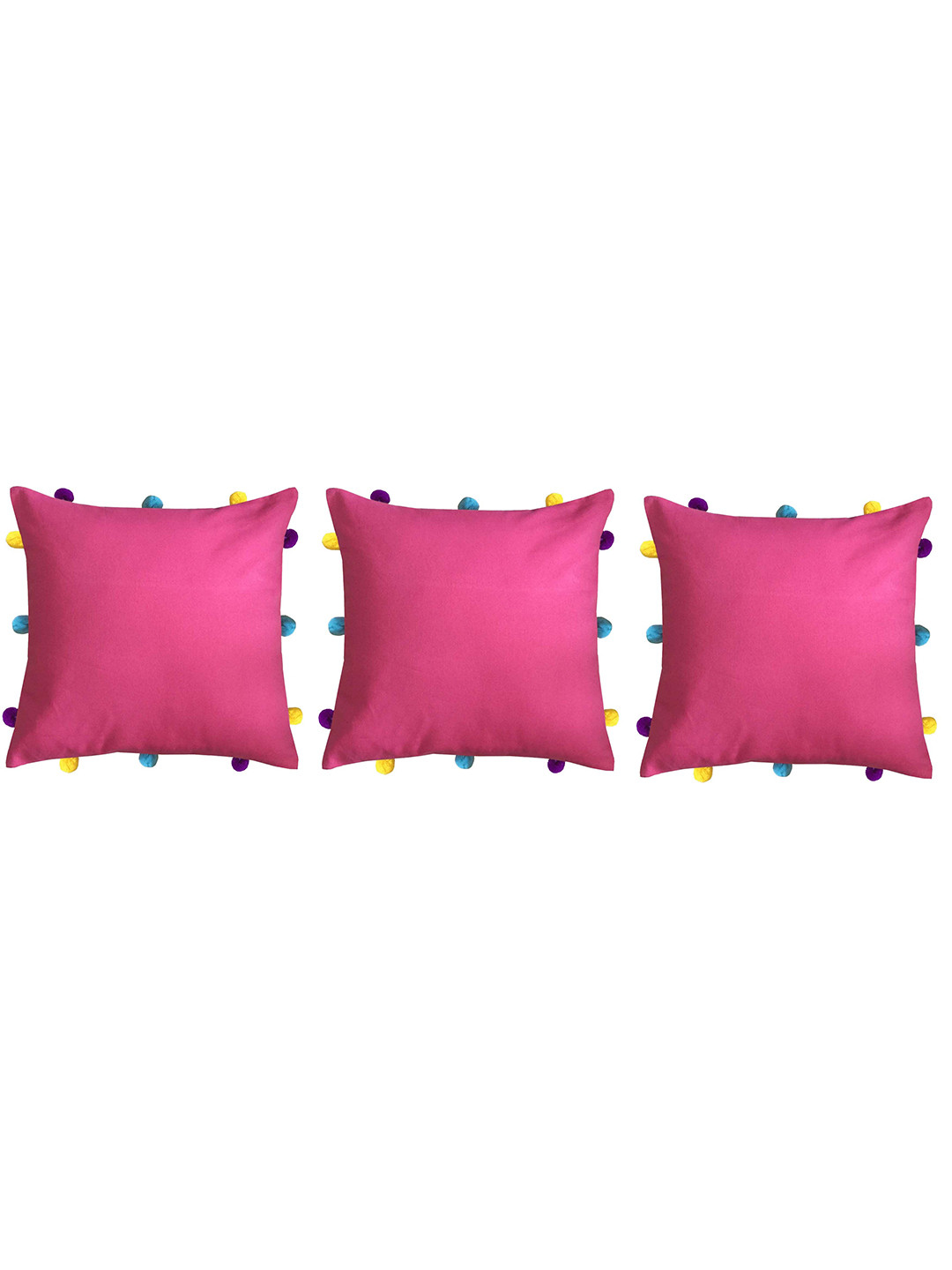 

Lushomes Pack Of 3 Pink & Yellow Square Cushion Covers with Colorful Pom Pom