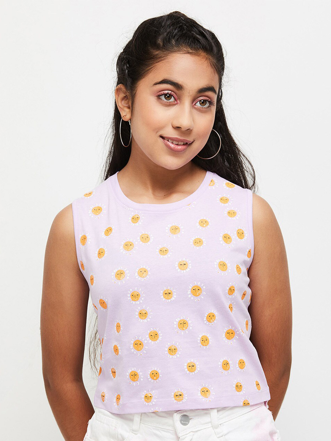 

max Girls Lavender & Yellow Printed Sleeveless Crop Top