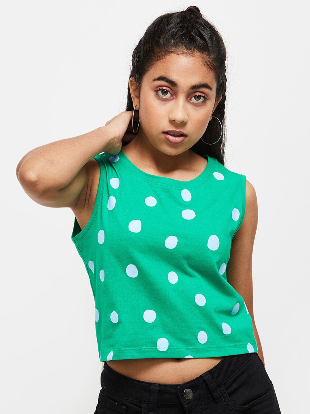 

max Girls Green & White Polka Dots Print Sleeveless Crop Top