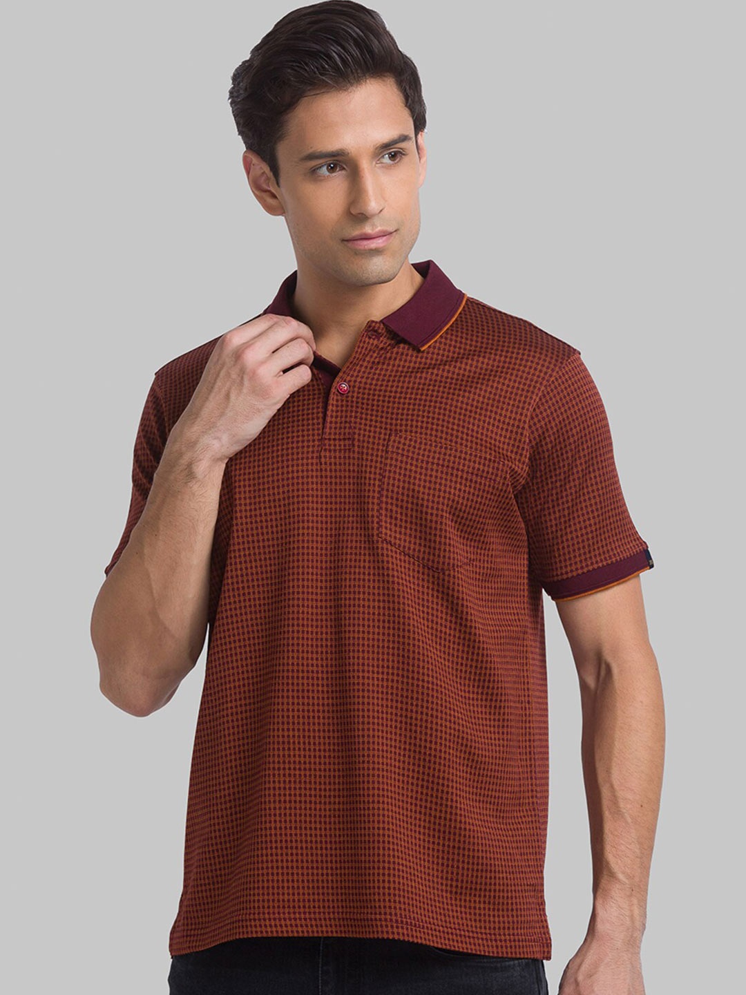 

Raymond Men Dark Maroon Self-Design Polo Collar T-shirt
