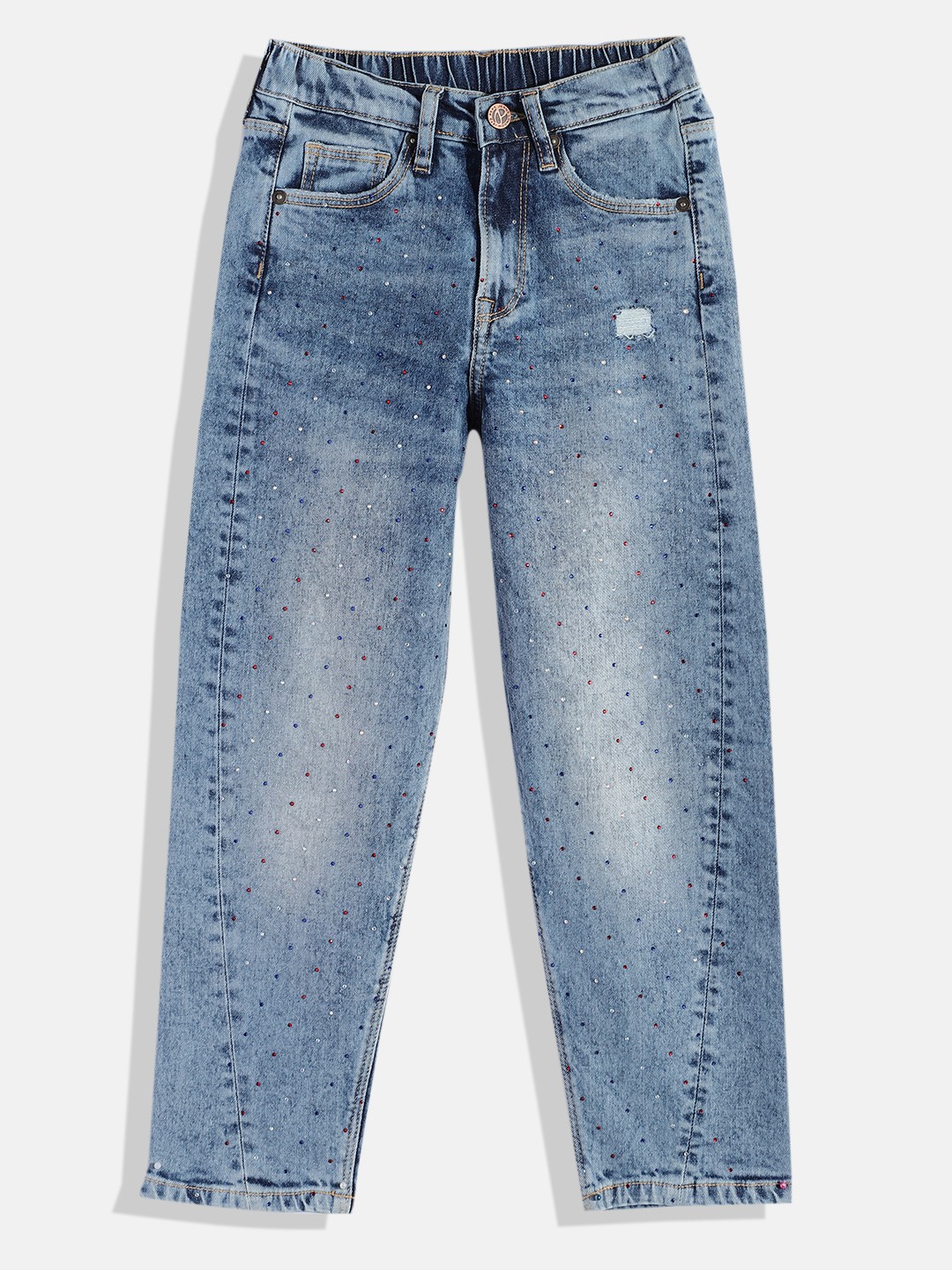 

Pepe Jeans Girls Mabel Mom Fit High-Rise Low Distress Embellished Stretchable Jeans, Blue
