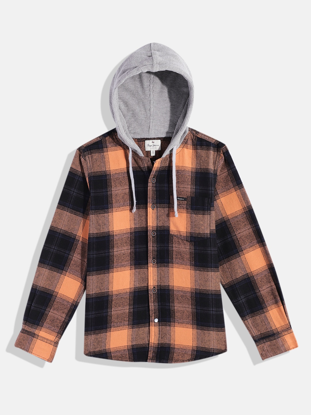 

Pepe Jeans Boys Tartan Checked Twill Weave Hooded Casual Shirt, Orange