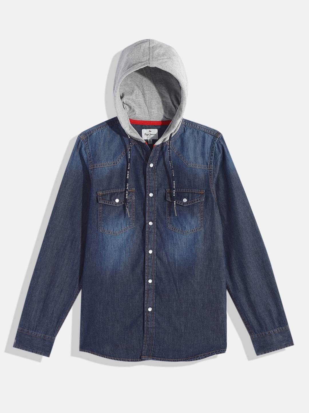 

Pepe Jeans Boys Light Fade Chambray Weave Pure Cotton Hooded Casual Shirt, Navy blue