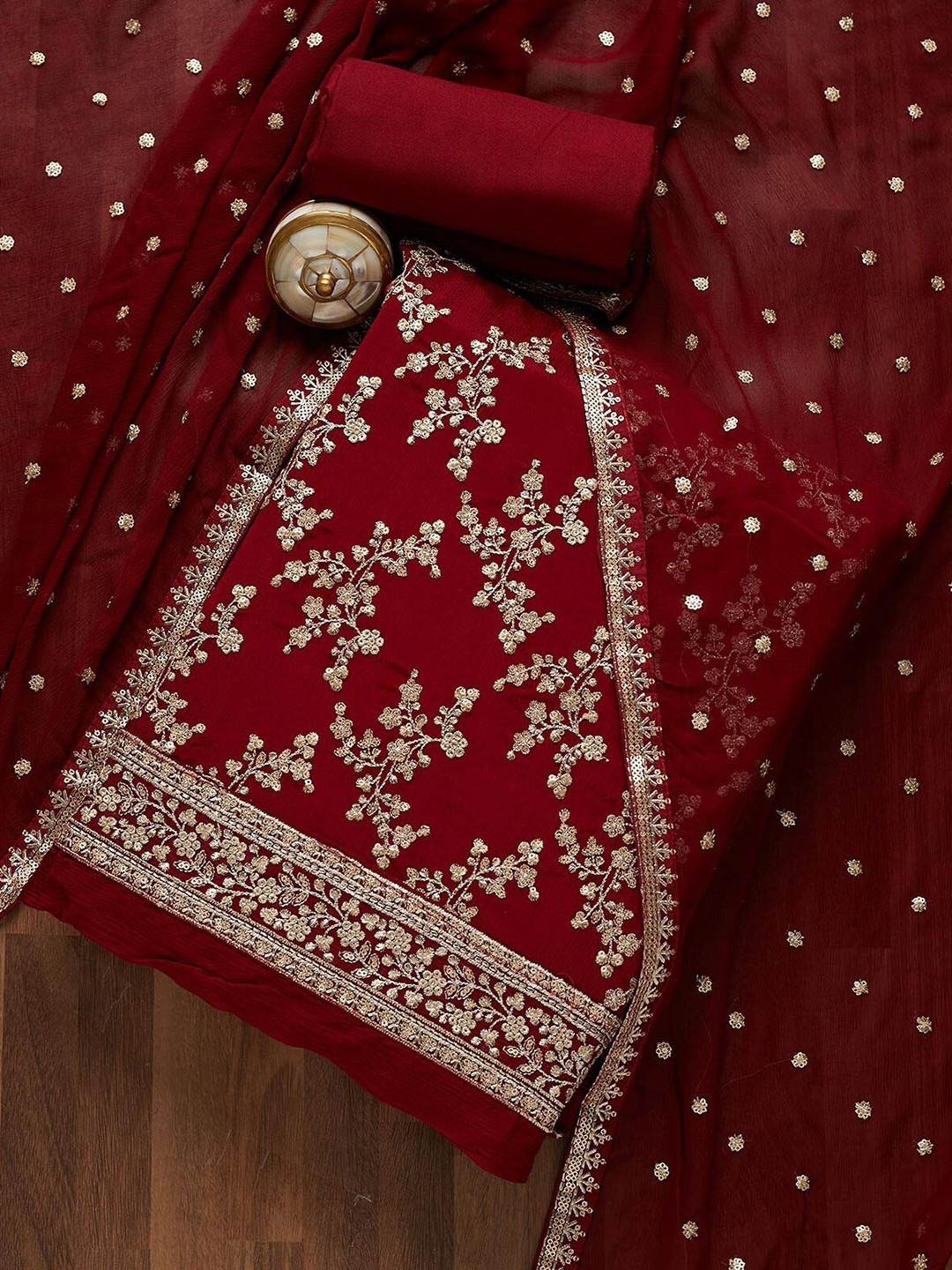 

Koskii Women Maroon & Gold-Toned Embroidered Sequined Unstitched Dress Material
