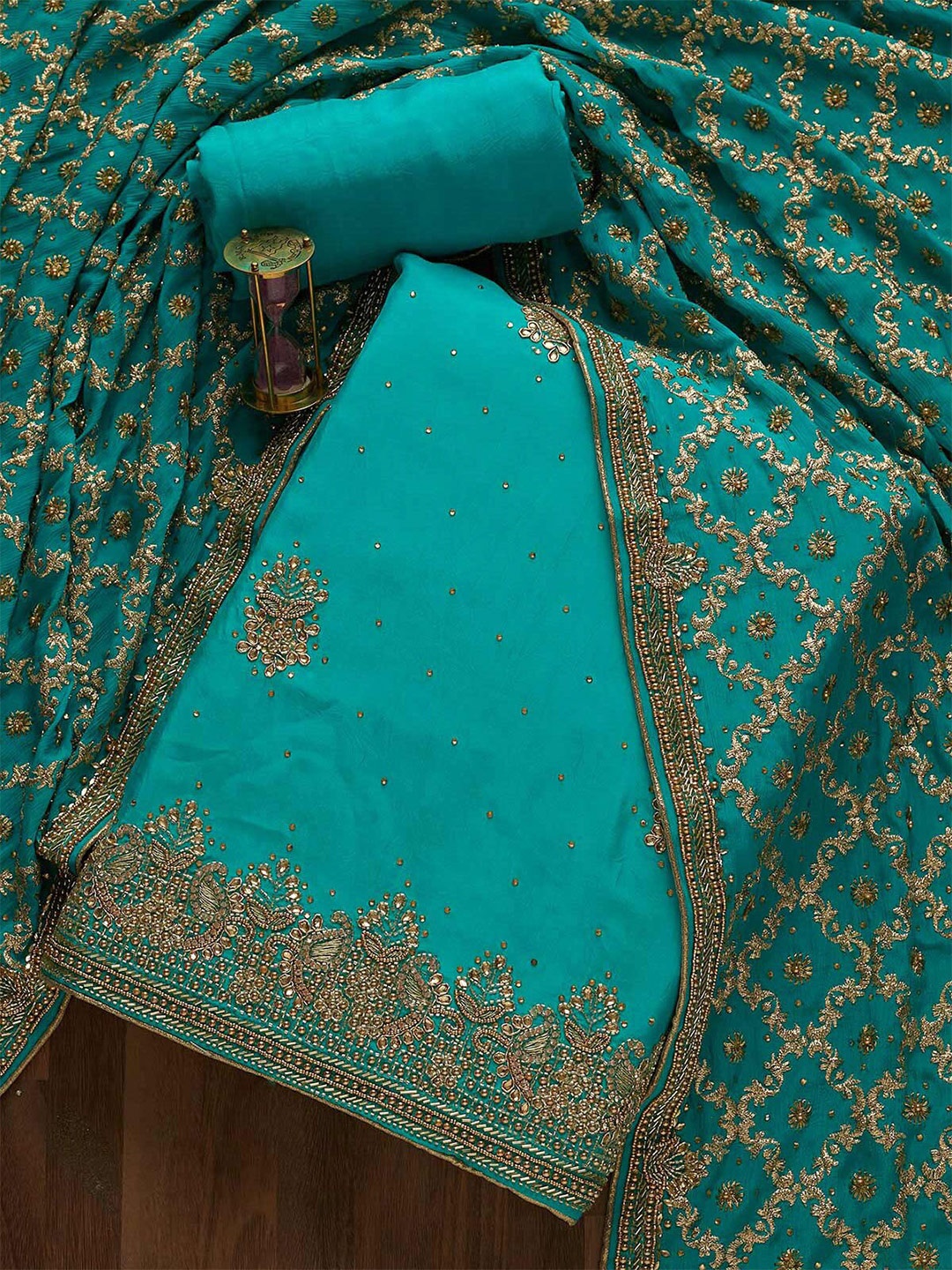 

Koskii Turquoise Blue & Gold-Toned Embroidered Unstitched Dress Material