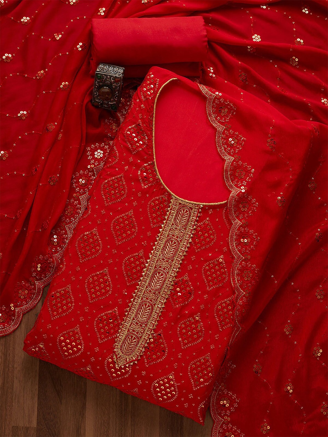 

Koskii Red & Gold-Toned Embroidered Unstitched Dress Material
