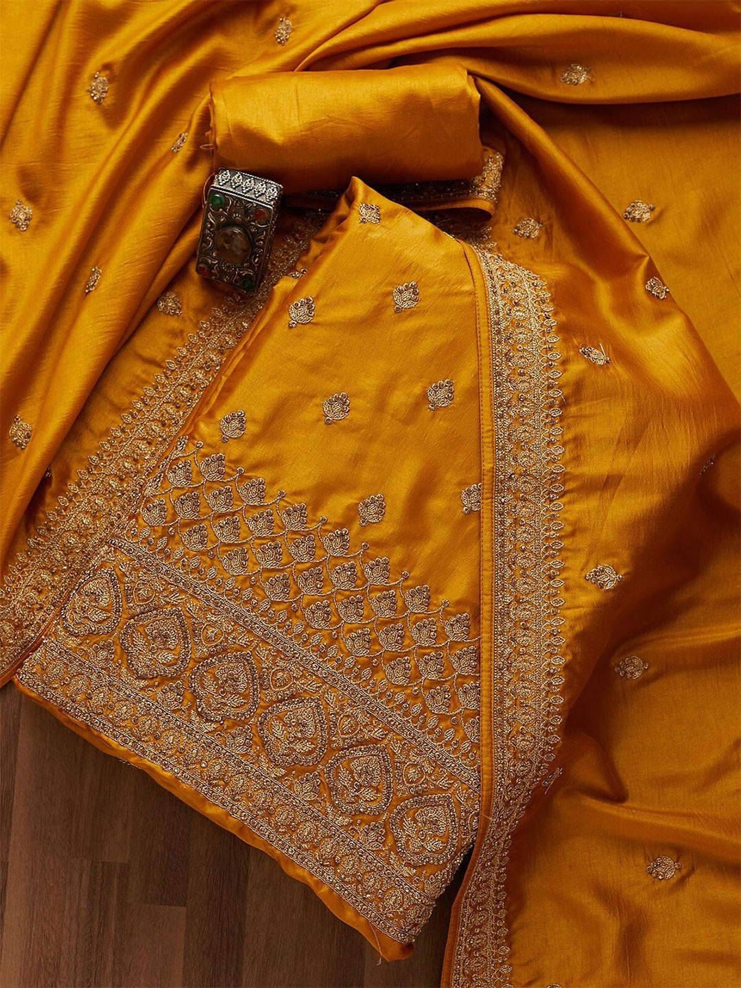 

Koskii Mustard & Gold-Toned Embroidered Art Silk Unstitched Dress Material