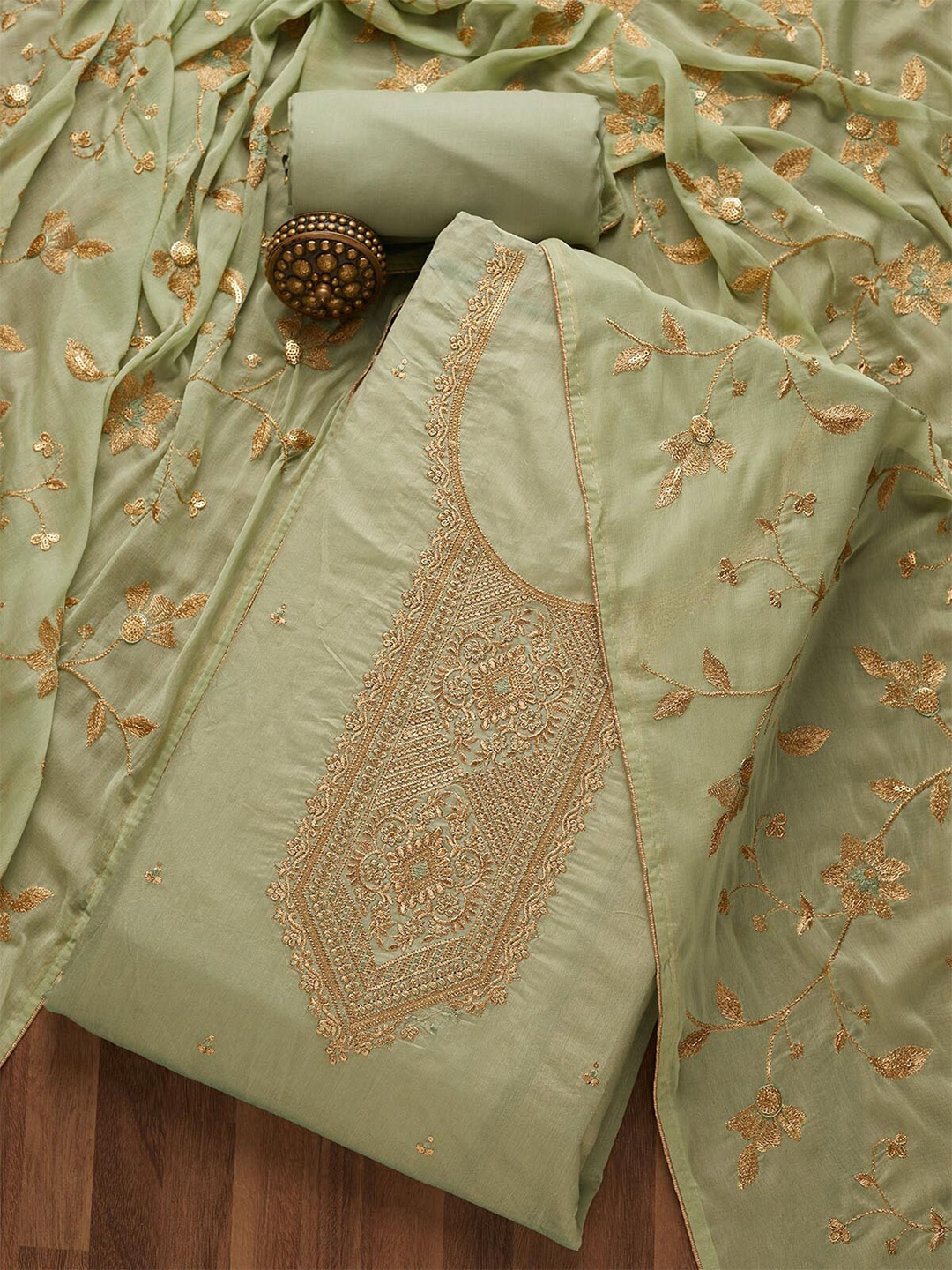 

Koskii Green & Gold-Toned Embroidered Art Silk Unstitched Dress Material