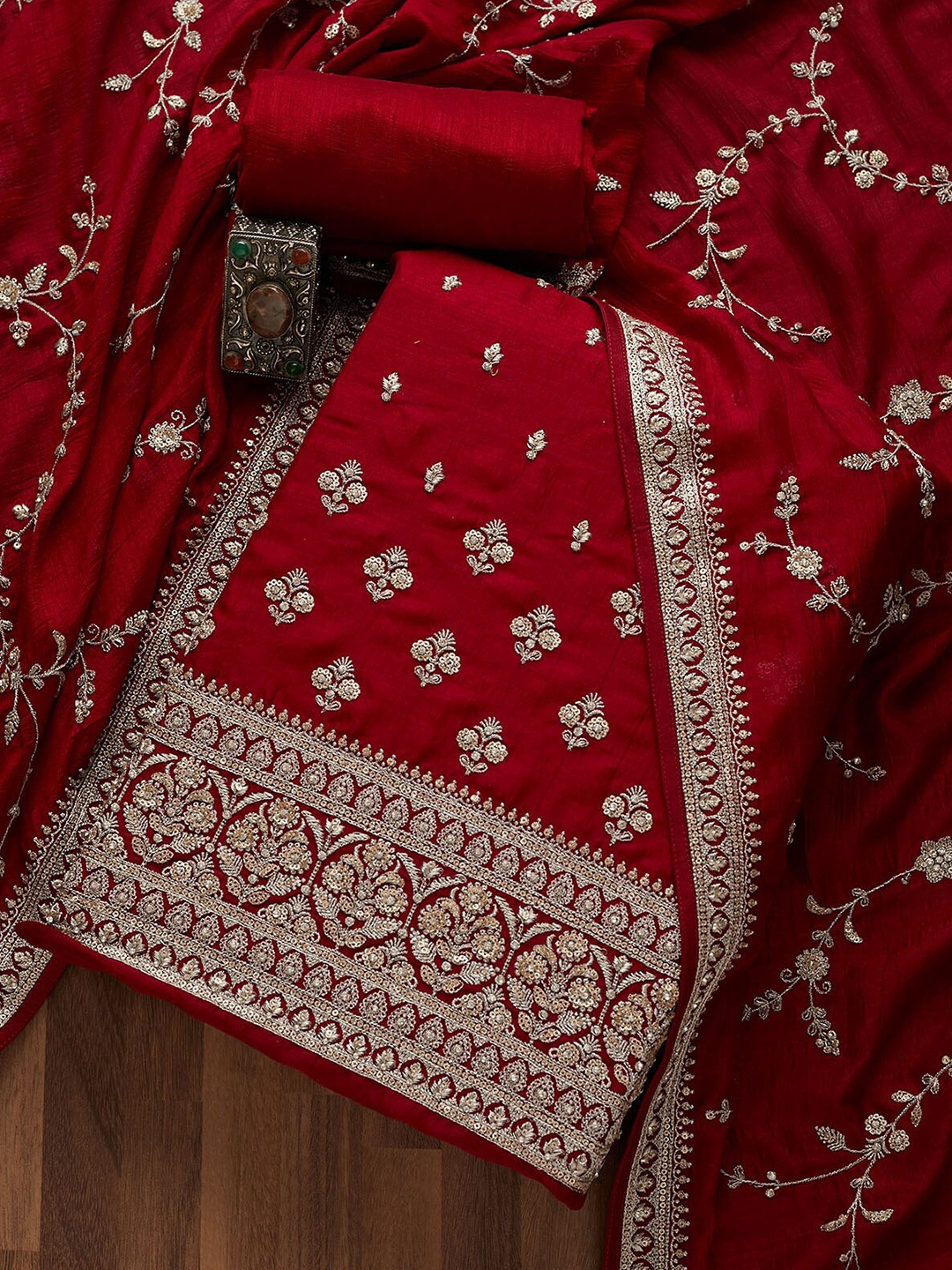 

Koskii Women Maroon & Gold-Toned Embroidered Art Silk Unstitched Dress Material