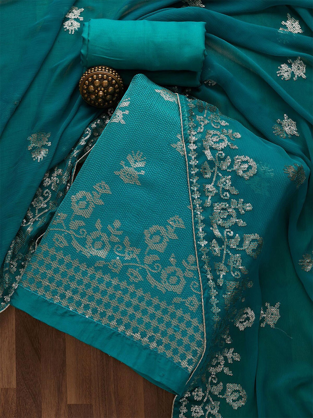 

Koskii Turquoise Blue & Silver-Toned Sequins Embroidered Unstitched Dress Material