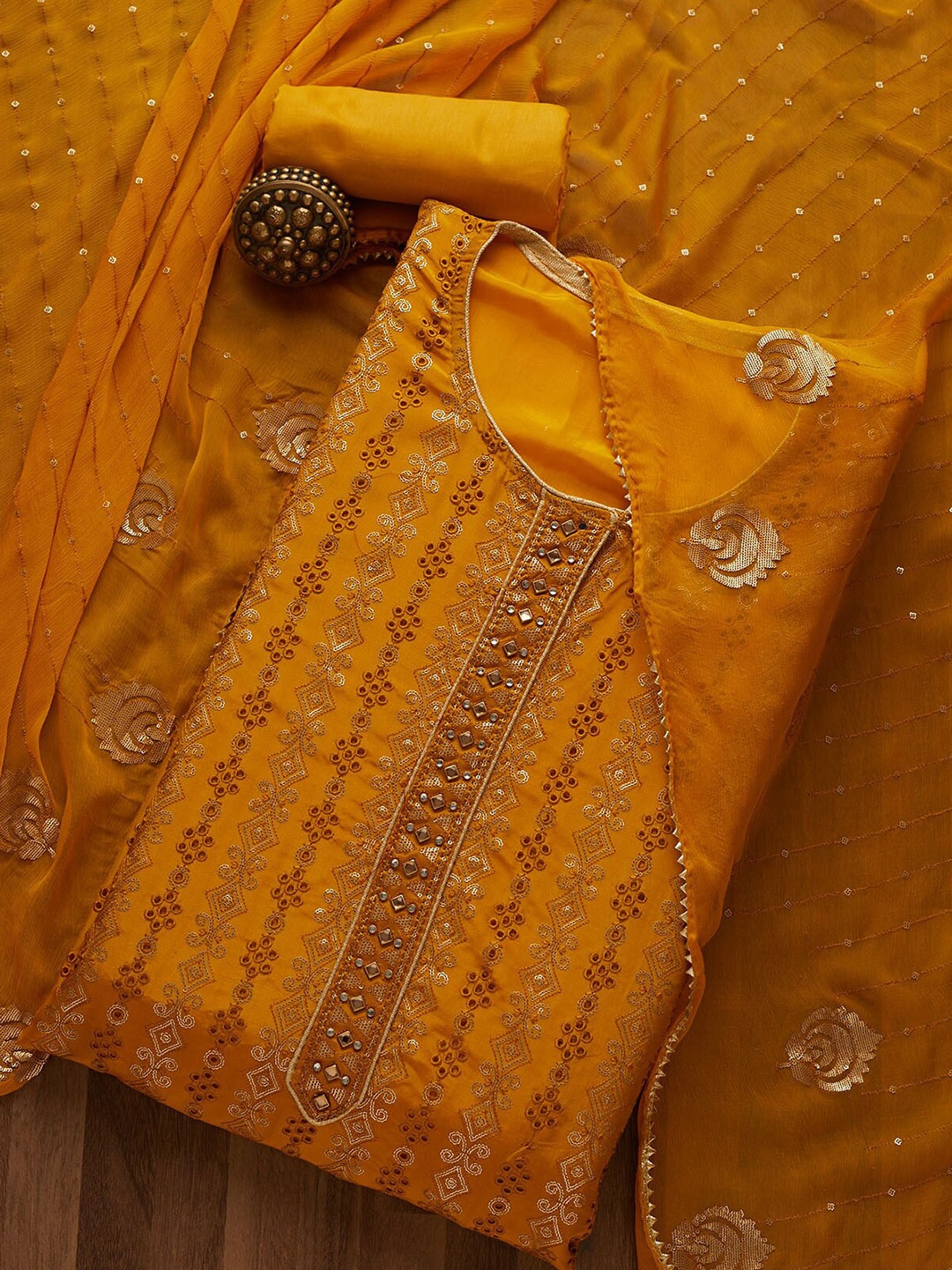 

Koskii Yellow Embroidered Unstitched Dress Material