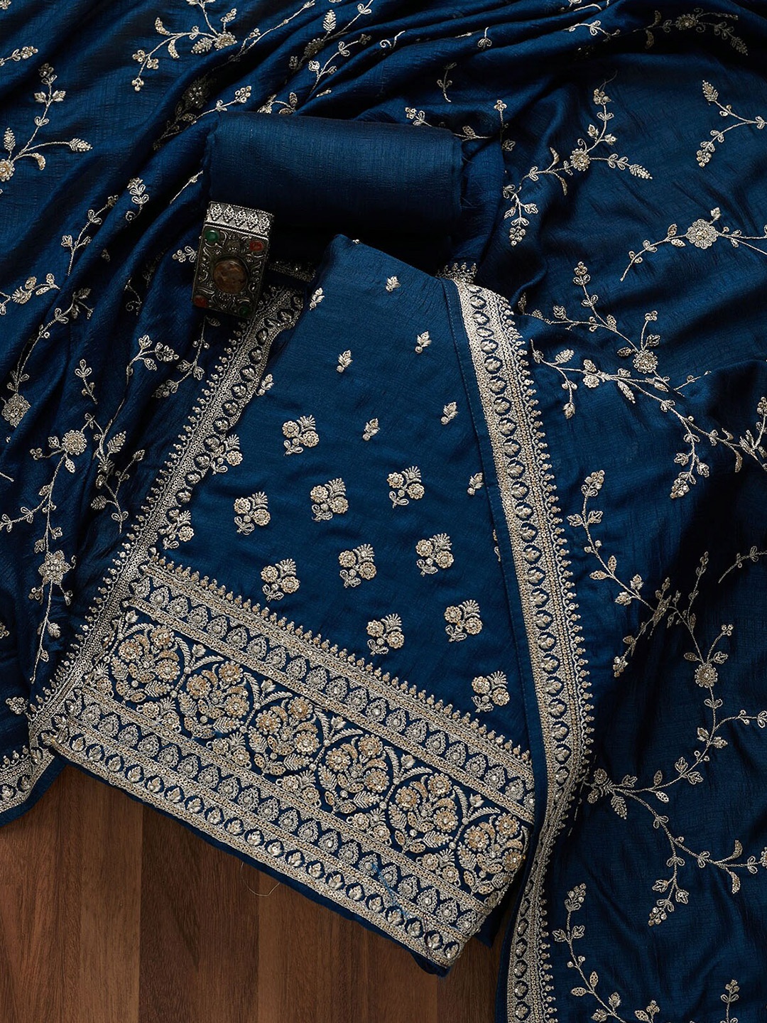 

Koskii Women Blue & Gold-Toned Embroidered Art Silk Unstitched Dress Material