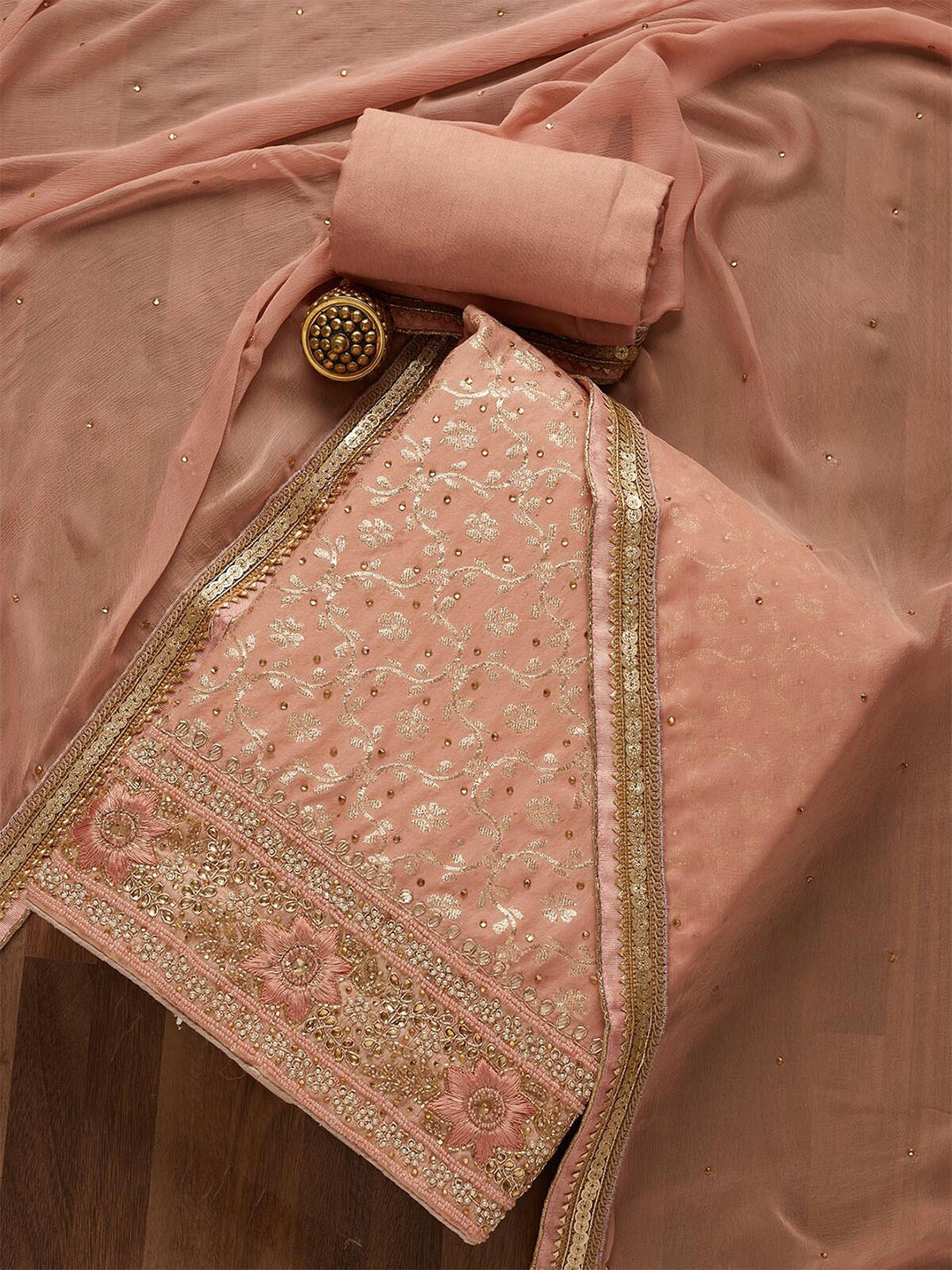 

Koskii Women Peach-Coloured & Gold-Toned Embroidered Art Silk Unstitched Dress Material