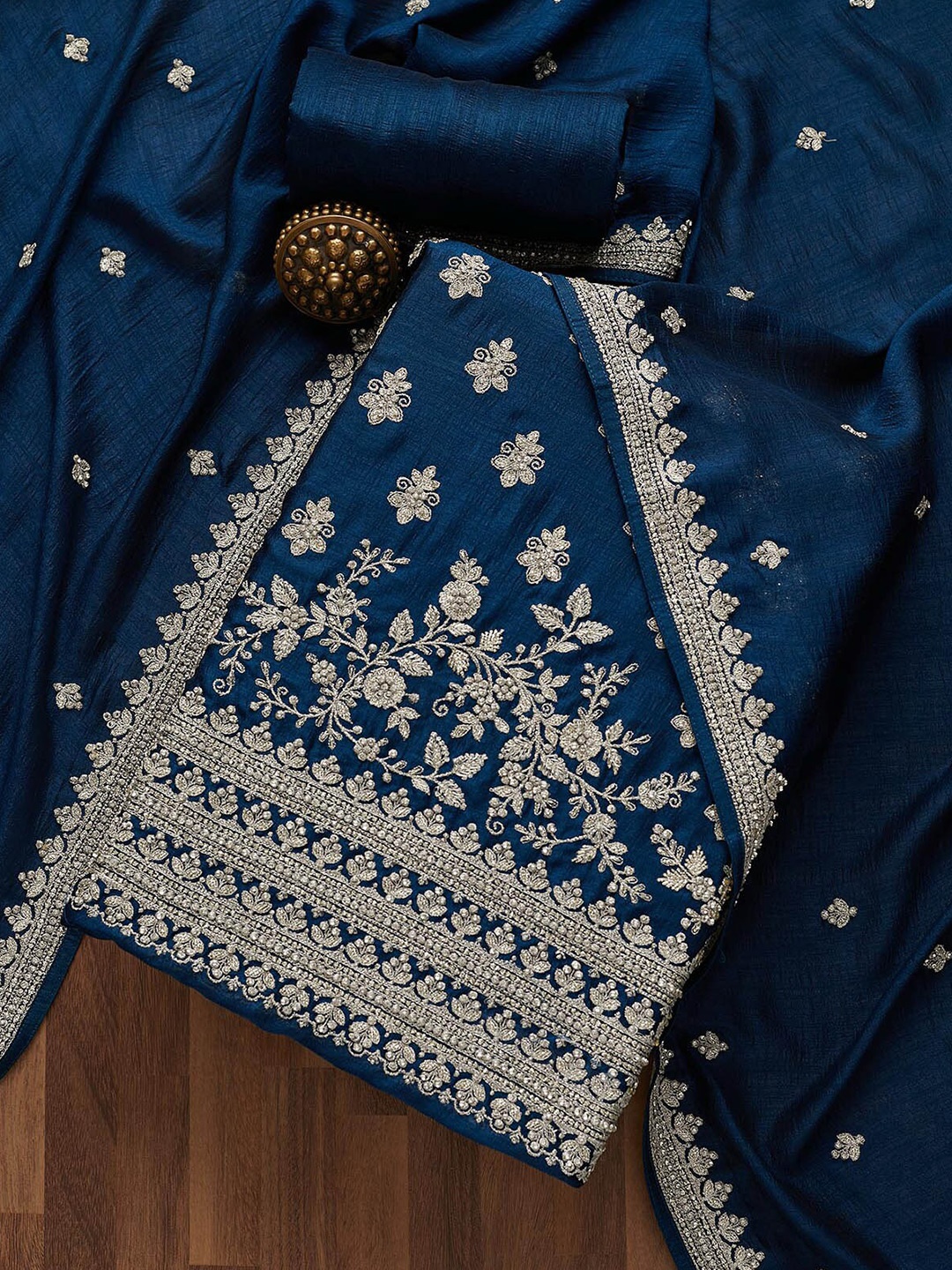 

Koskii Blue & Silver-Toned Embroidered Art Silk Unstitched Dress Material