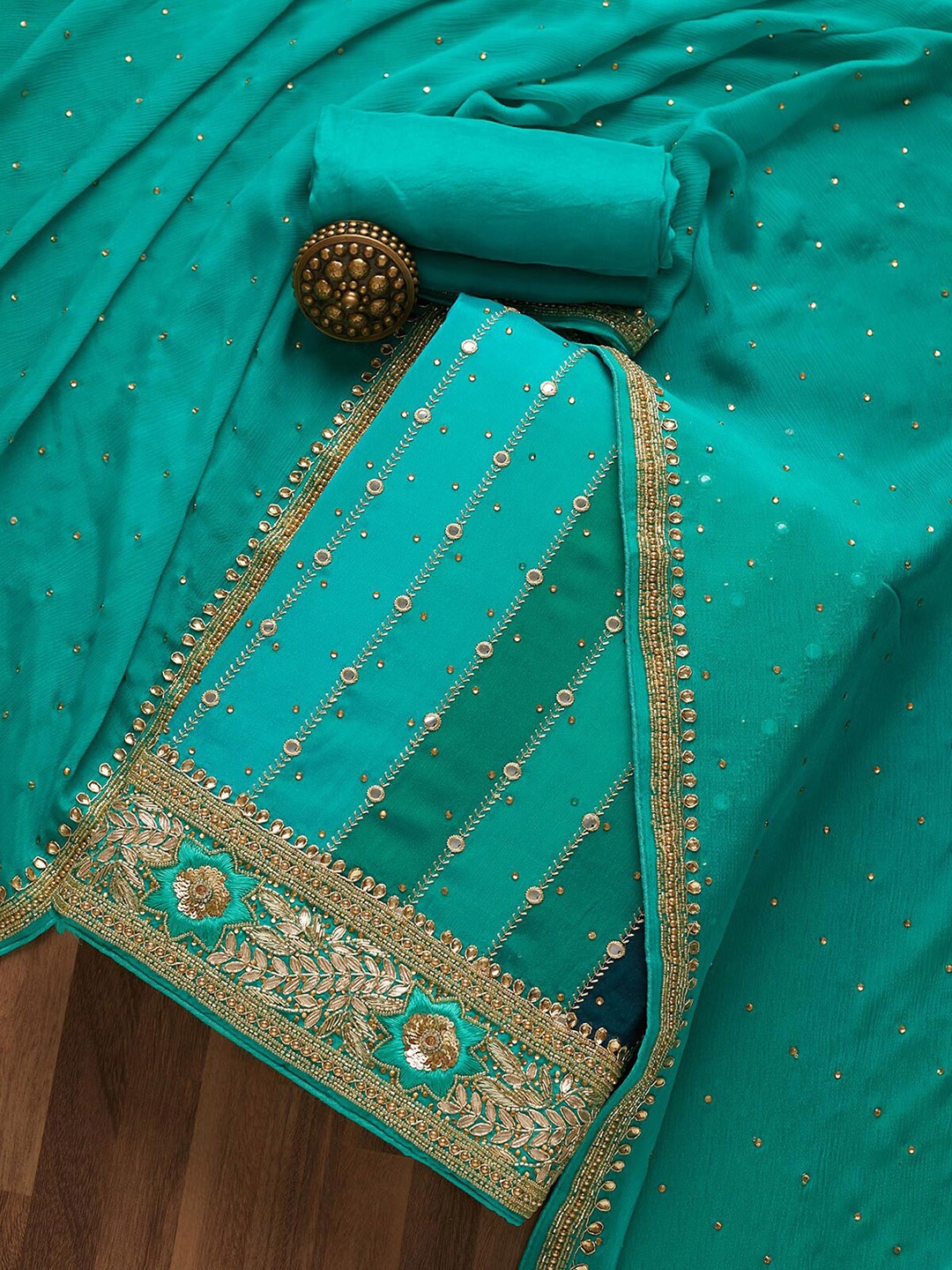 

Koskii Green & Gold-Toned Embroidered Unstitched Dress Material