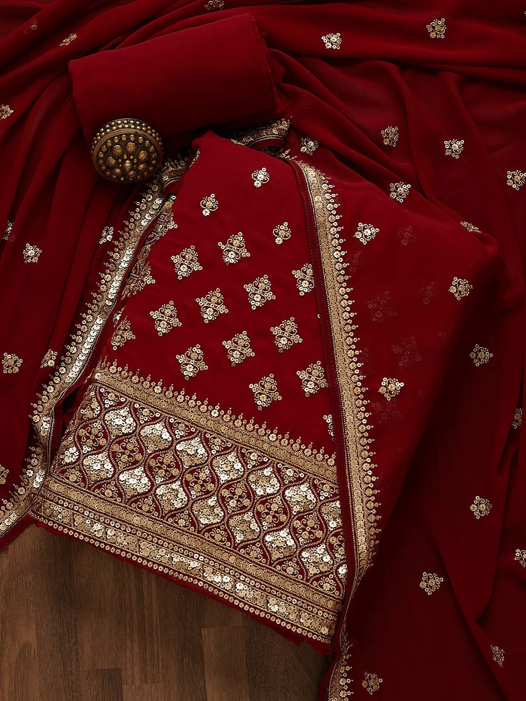 

Koskii Maroon & Gold-Toned Embroidered Unstitched Dress Material