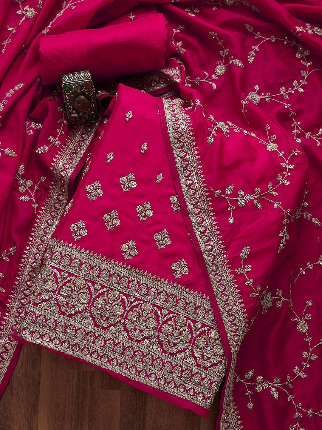 

Koskii Pink & Gold-Toned Embroidered Art Silk Unstitched Salwar Suit