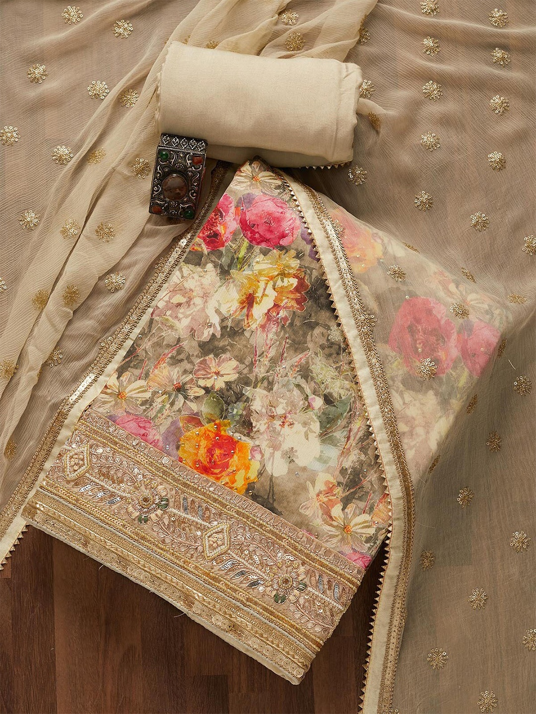 

Koskii Grey & Pink Floral Embroidered Unstitched Dress Material