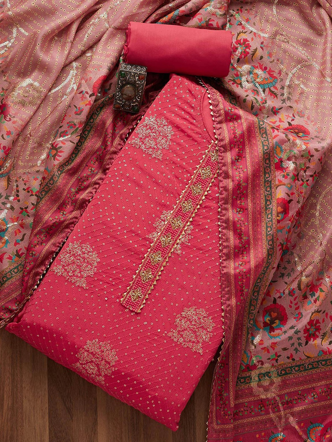 

Koskii Pink & Gold-Toned Embroidered Art Silk Unstitched Dress Material