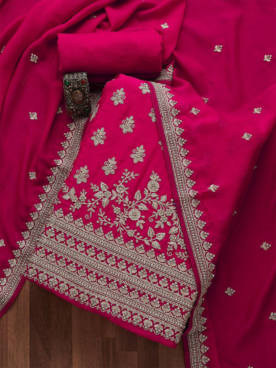

Koskii Pink & Silver-Toned Embroidered Art Silk Unstitched Dress Material