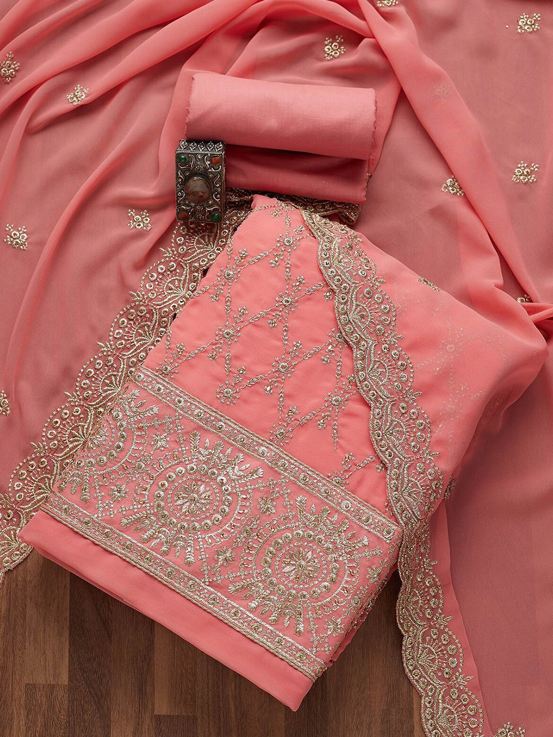 

Koskii Pink & Silver-Toned Embroidered Unstitched Dress Material
