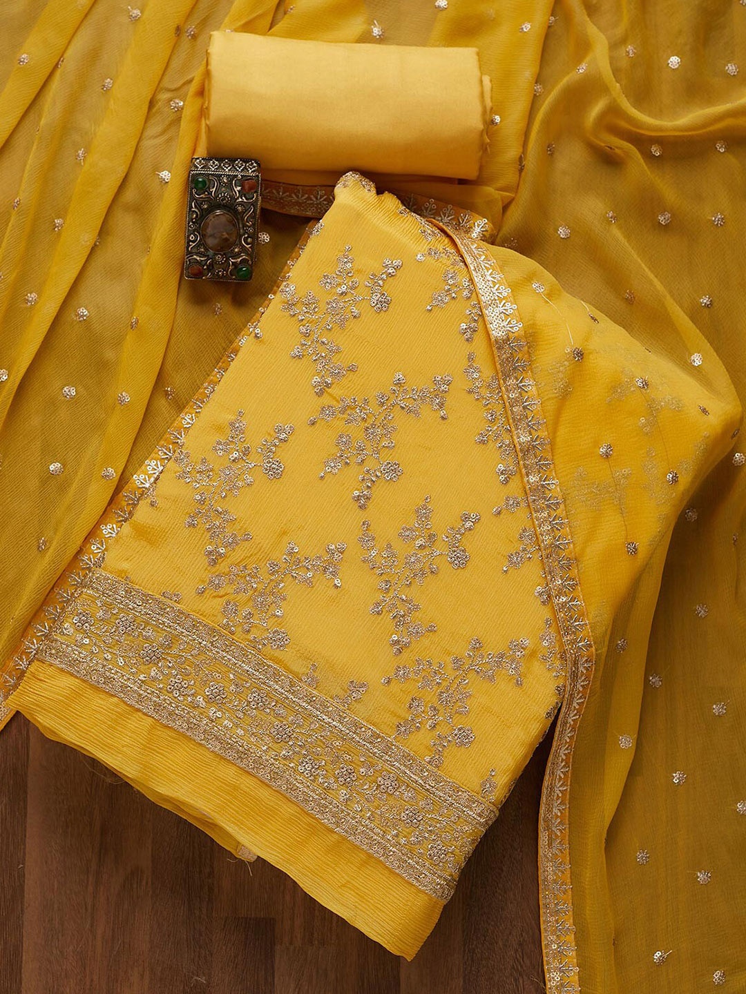 

Koskii Yellow & Gold-Toned Embroidered Unstitched Dress Material