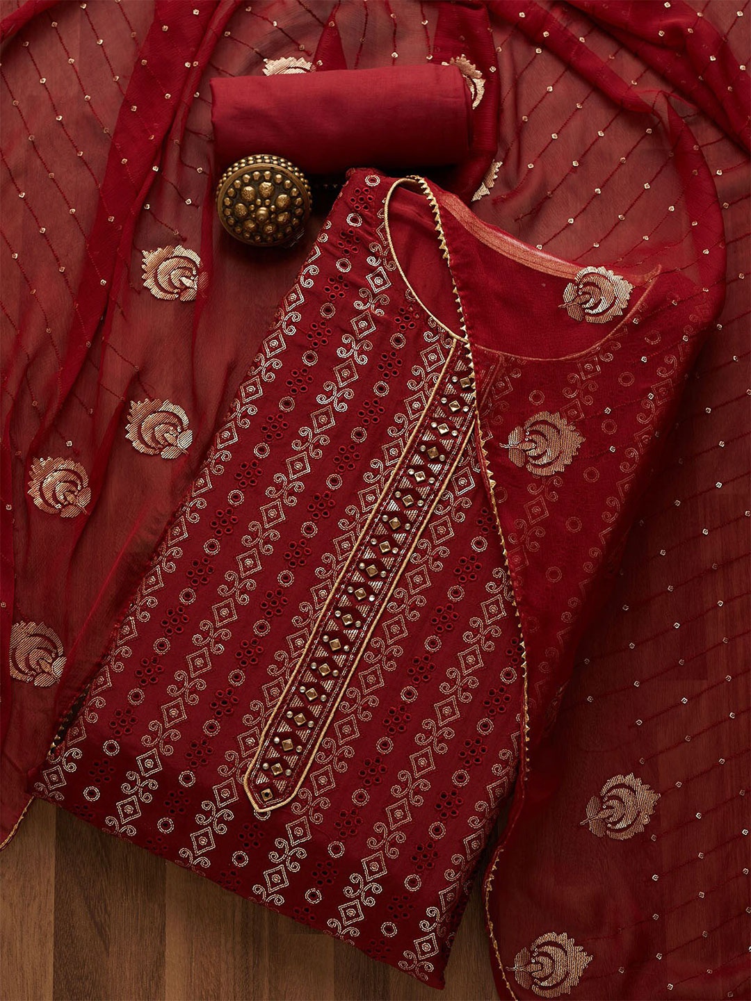

Koskii Maroon & Gold-Toned Embroidered Unstitched Dress Material
