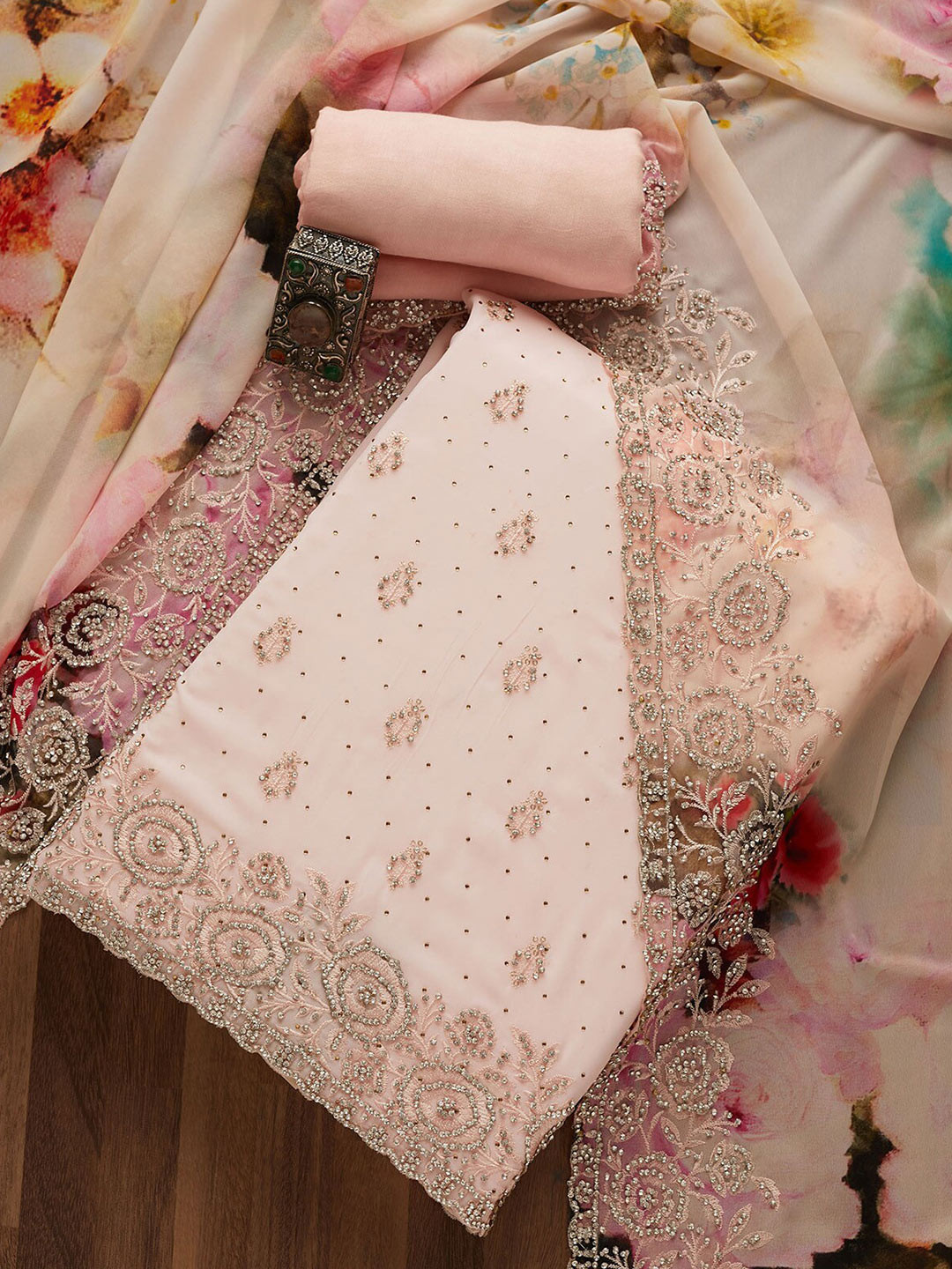 

Koskii Pink & Gold-Toned Embroidered Unstitched Dress Material