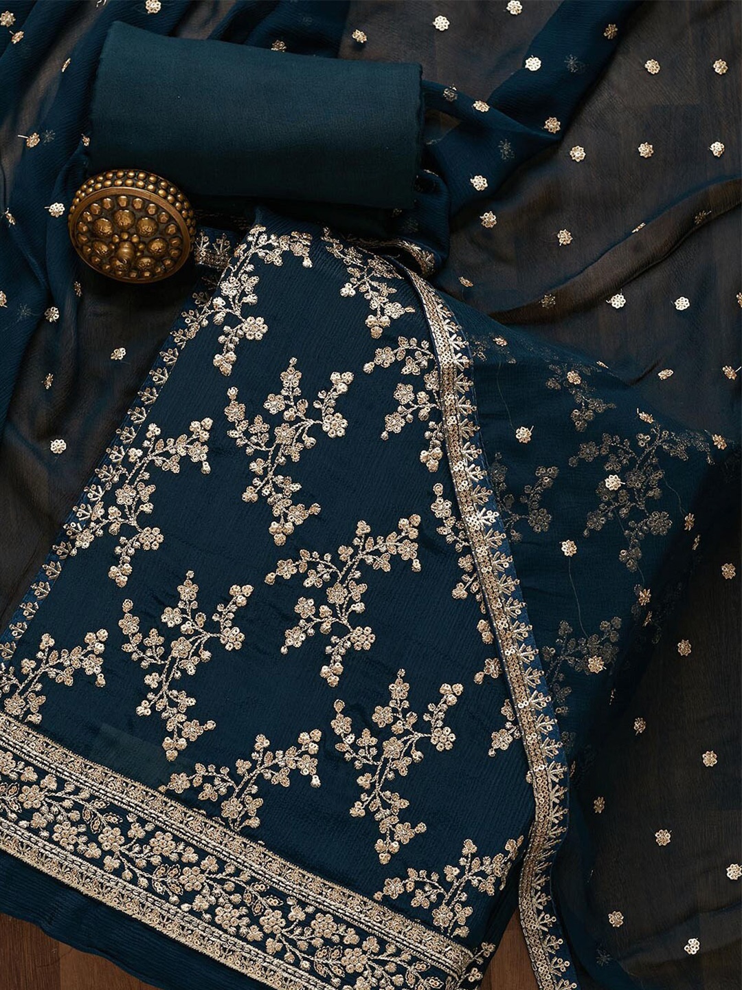 

Koskii Blue & Silver-Toned Embroidered Unstitched Dress Material