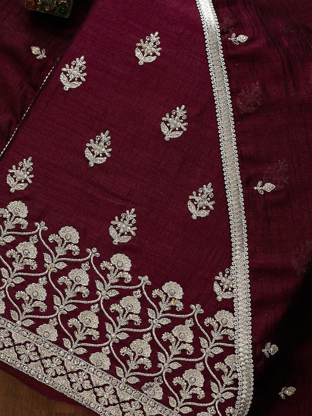 

Koskii Maroon & Gold-Toned Embroidered Art Silk Unstitched Dress Material