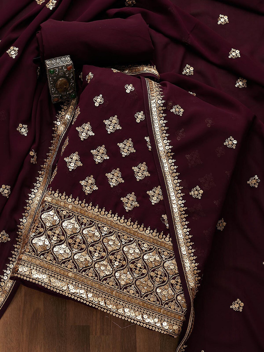 

Koskii Maroon & Gold-Toned Embroidered Unstitched Dress Material