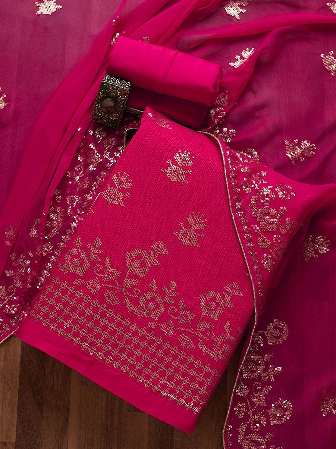 

Koskii Pink & Gold-Toned Embellished Unstitched Dress Material