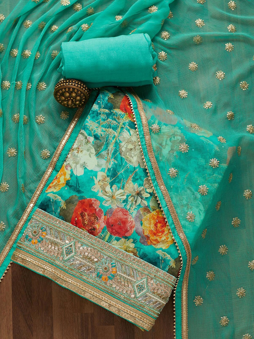 

Koskii Green & Red Embroidered Unstitched Dress Material