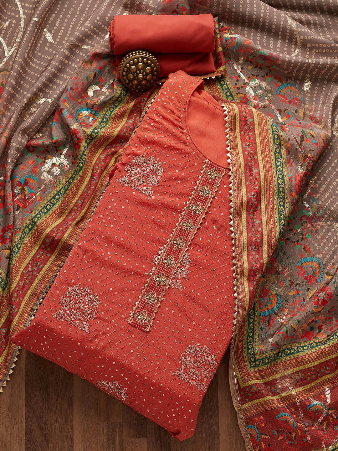 

Koskii Orange & Green Embroidered Art Silk Unstitched Dress Material