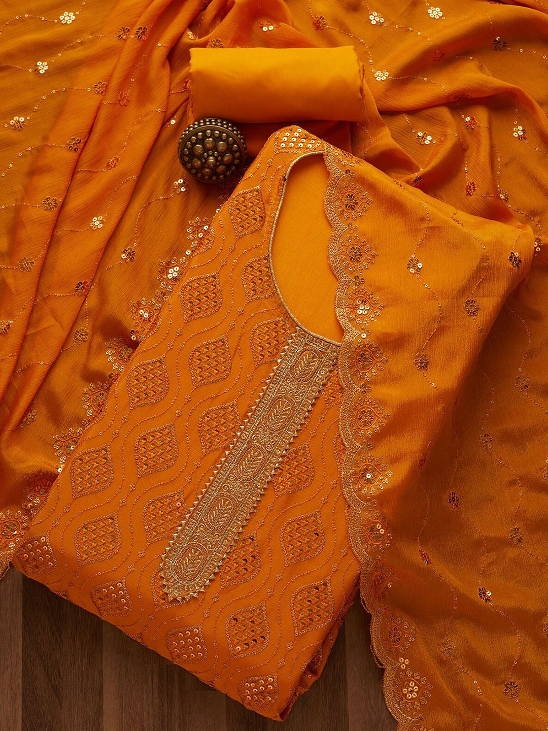 

Koskii Yellow & Gold-Toned Embroidered Unstitched Dress Material