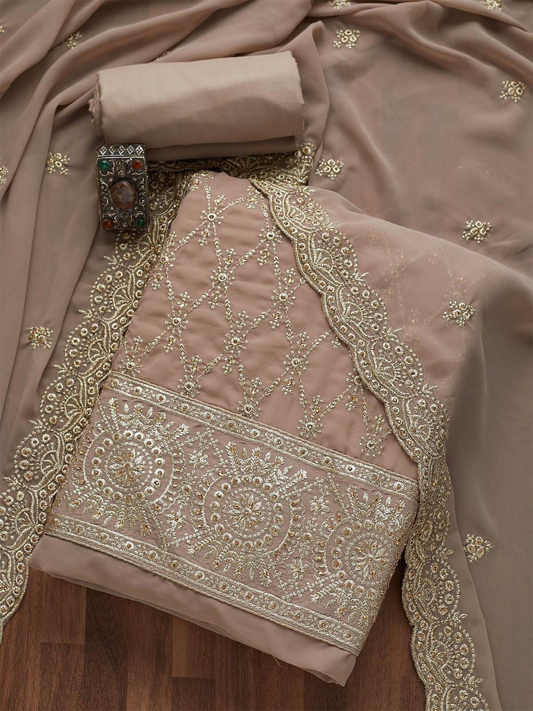 

Koskii Women Pink & Gold-Toned Embroidered Unstitched Dress Material