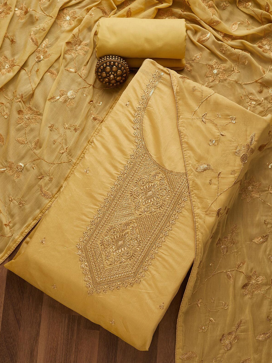 

Koskii Yellow & Red Embroidered Art Silk Unstitched Dress Material