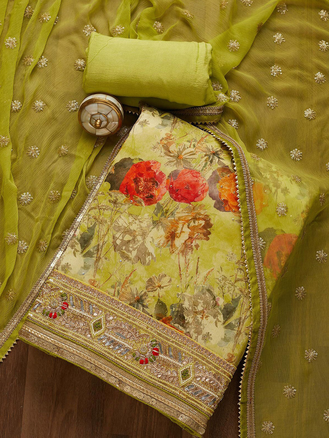 

Koskii Green & Red Embroidered Unstitched Dress Material