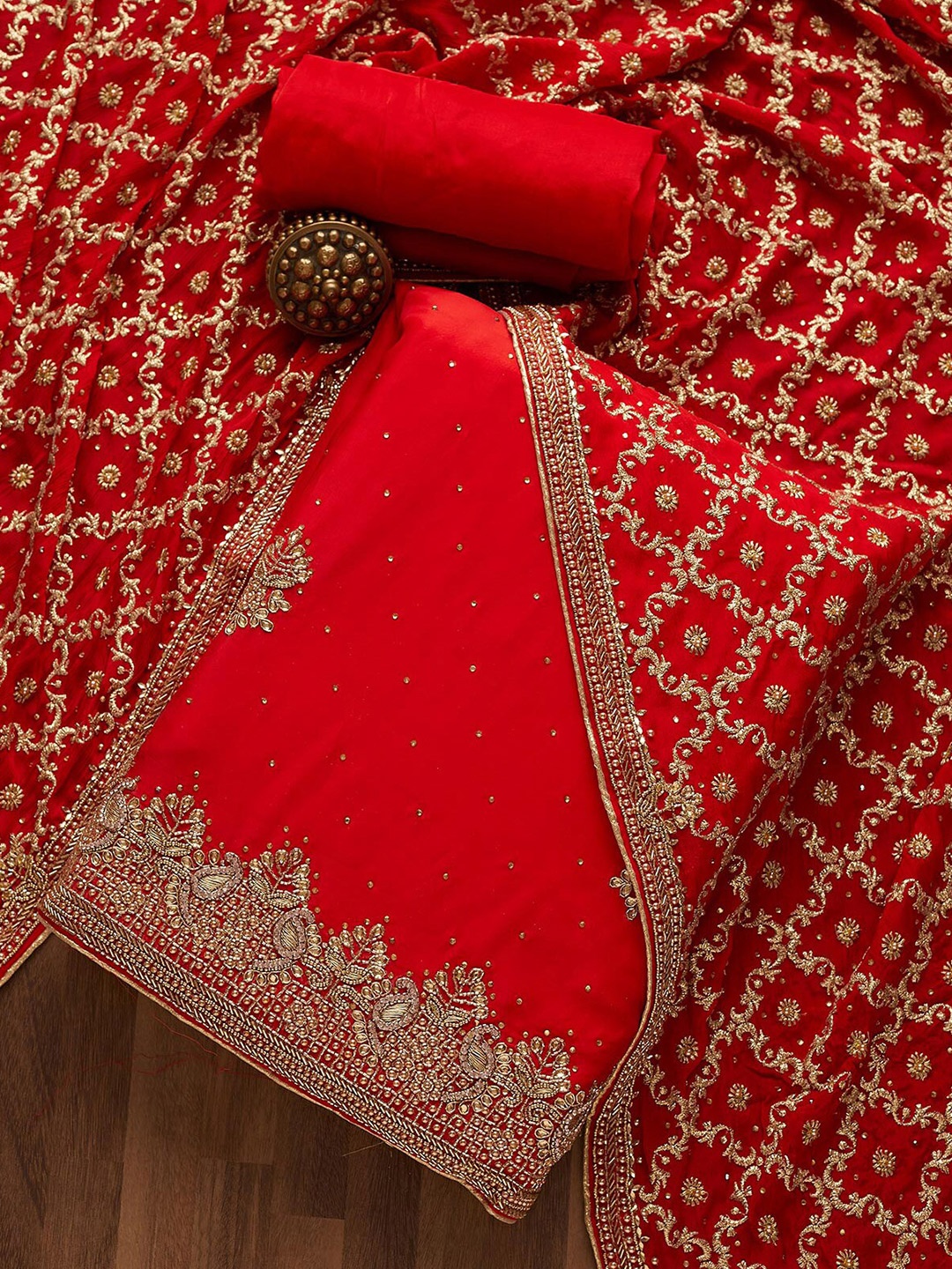 

Koskii Red & Gold-Toned Embroidered Unstitched Dress Material