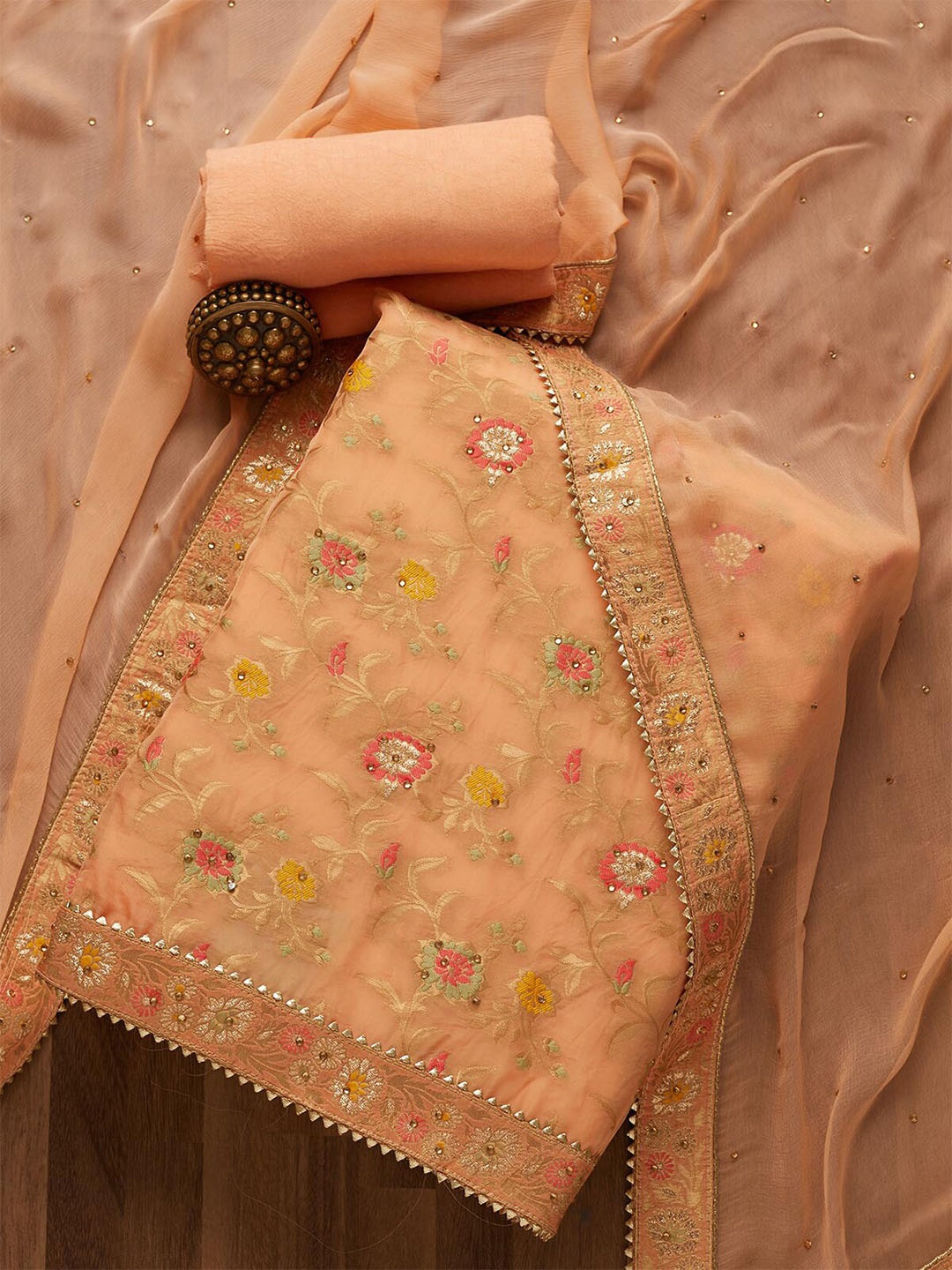 

Koskii Women Peach & Gold-Toned Embroidered Unstitched Dress Material