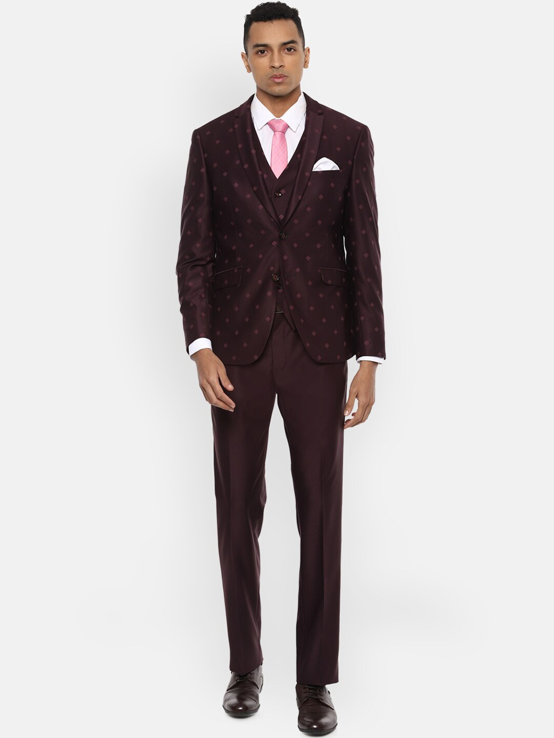 

V Dot Men Maroon Printed Slim Fit Single Breasted 3 Piece Suits