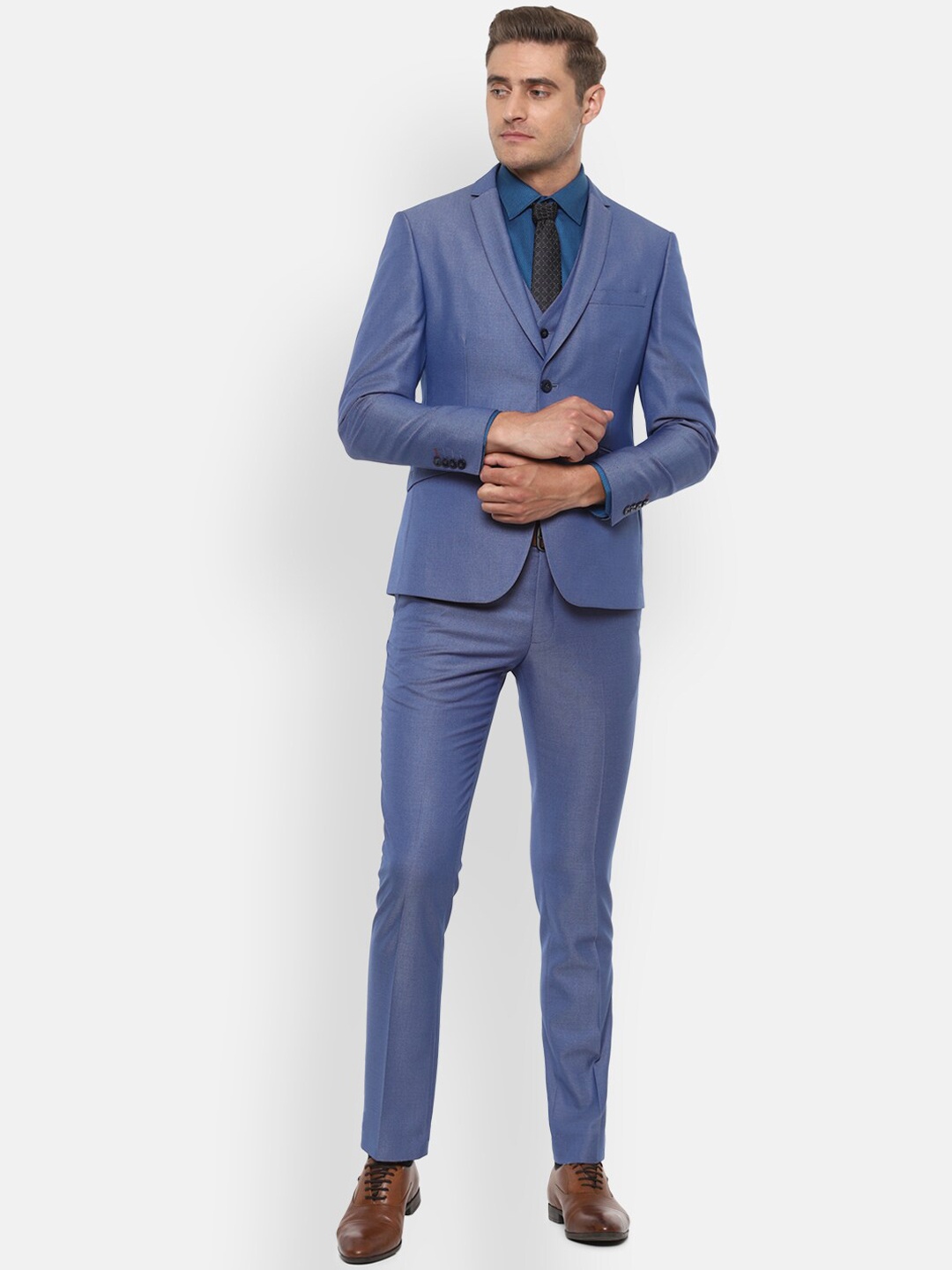 

V Dot Men Blue Solid Slim Fit Single-Breasted Three-Piece Formal Suit