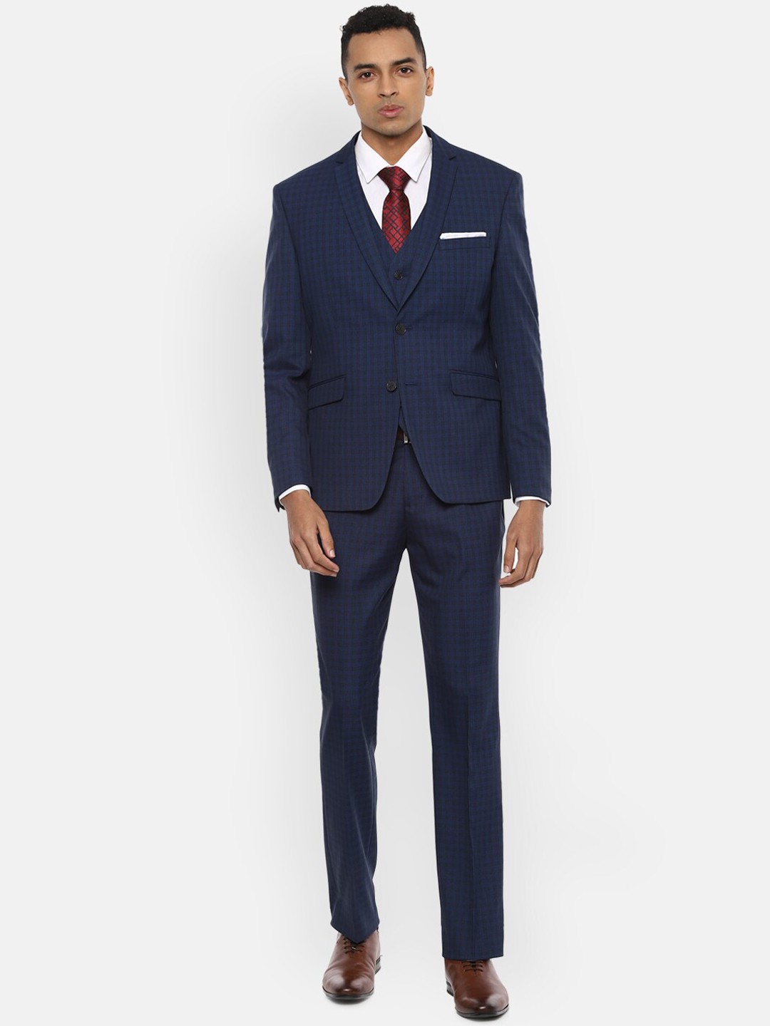 

V Dot Men Navy Blue Checked Single-Breasted Slim-Fit Formal Suit