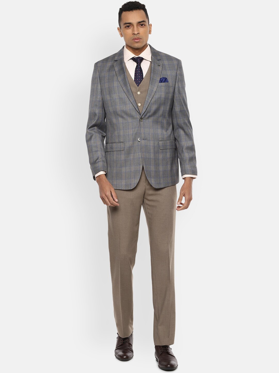 

Van Heusen Men Grey Checked Three Piece Slim Fit Suits